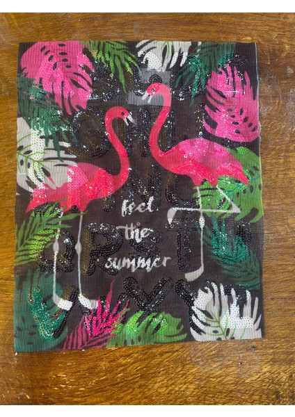20X25 cm Payetli Parlak Renkli Flamingo Kuş Aplike Tül Aplike Arma Dikiş