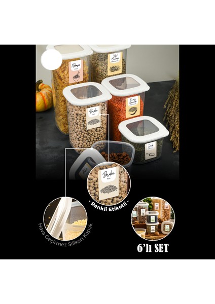 6lı Renkli Etiketli Kare Erzak Saklama Kabı 2x(0,55 lt + 1,2 lt + 1,75 lt) Beyaz