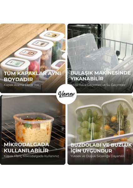 6lı Renkli Etiketli Kare Erzak Saklama Kabı 2x(0,55 lt + 1,2 lt + 1,75 lt) Beyaz modelleri