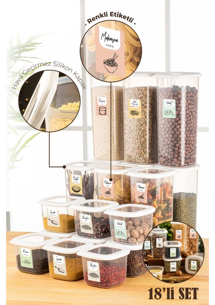18li Renkli Etiketli Foly Kare Erzak Saklama Kabı 9x(0,55 lt + 1,75 lt) Beyaz