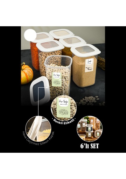 Renkli Etiketli Kare Erzak Saklama Kabı 1,2 lt Beyaz 6'lı