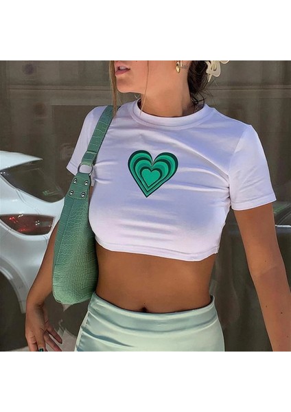 Green Heart Baskılı Beyaz Crop