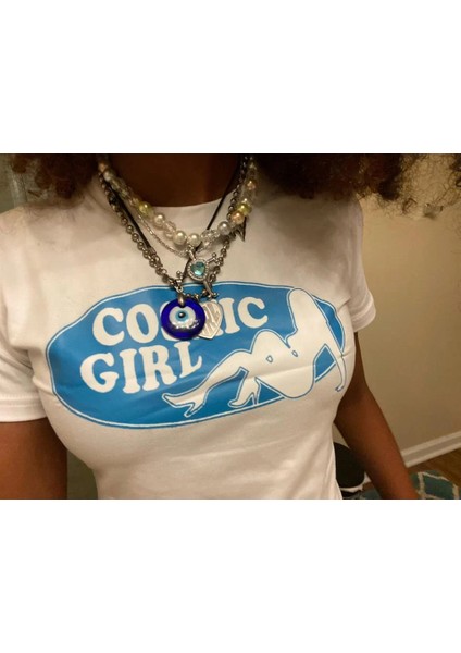 Cosmic Girl Baskılı Beyaz Crop fiyatları