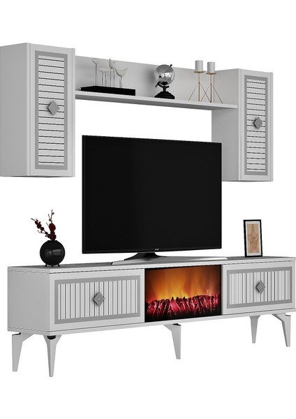 Flame Şömineli Tv Ünitesi Takımı Beyaz-Gümüş modelleri