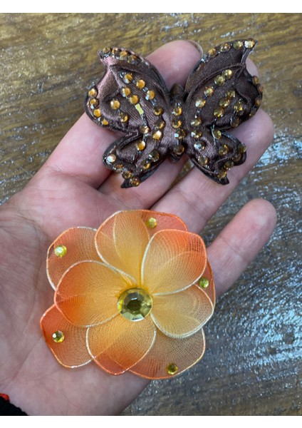 7x7 cm 2 Adet Broş Turuncu Çiçek Broş Kahverengi Kelebek Yaka Iğnesi Türban Iğnesi