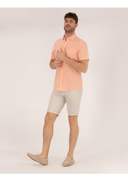 Erkek Bej Slim Fit Keten Karışımlı Beli Lastikli Bağcıklı Bermuda Şort 50268216-VR011