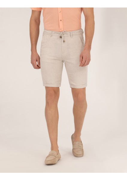 Erkek Bej Slim Fit Keten Karışımlı Beli Lastikli Bağcıklı Bermuda Şort 50268216-VR011