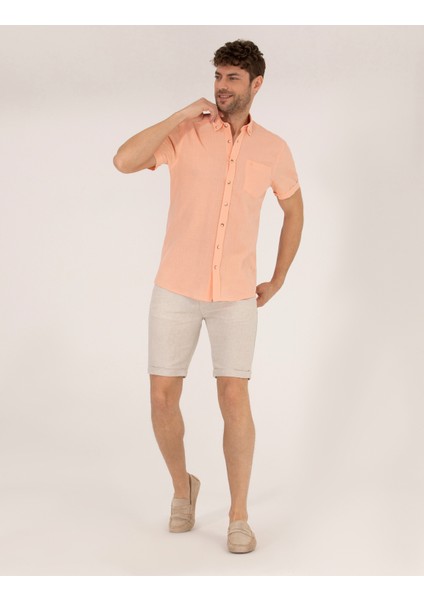 Erkek Bej Slim Fit Keten Karışımlı Beli Lastikli Bağcıklı Bermuda Şort 50268216-VR011