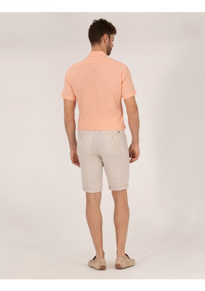 Erkek Bej Slim Fit Keten Karışımlı Beli Lastikli Bağcıklı Bermuda Şort 50268216-VR011