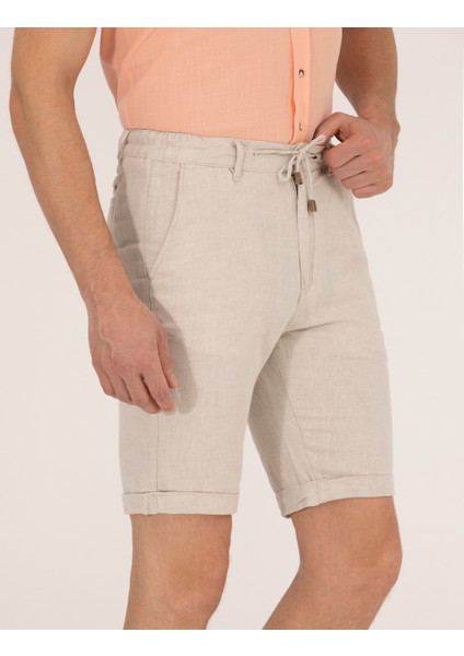 Erkek Bej Slim Fit Keten Karışımlı Beli Lastikli Bağcıklı Bermuda Şort 50268216-VR011