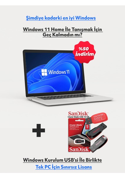 Windows 11 Home Lisans + Flash Bellek (16 Gb) Free Dos Için - Windows 11 Kurulum Usb'si - Sınırsız