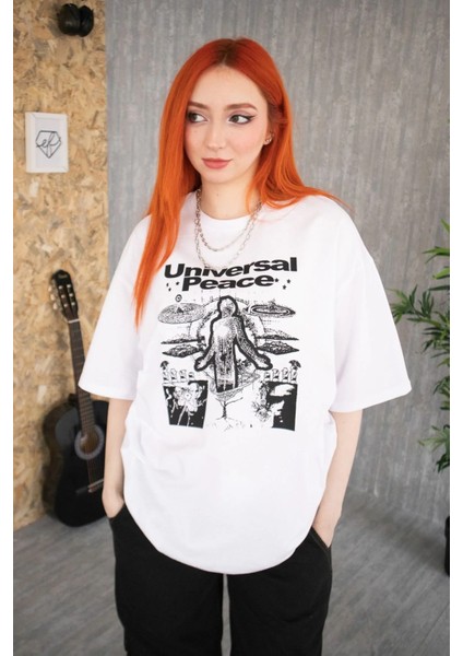 Beyaz Unisex Universal Peace Tişört