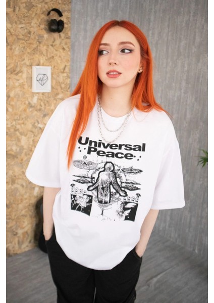 Beyaz Unisex Universal Peace Tişört
