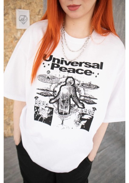 Beyaz Unisex Universal Peace Tişört