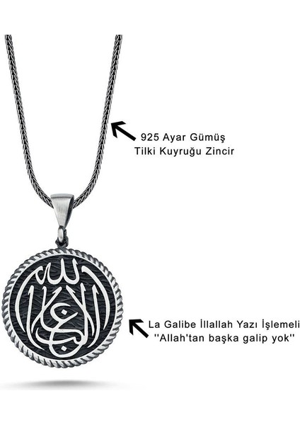 925 Ayar Gümüş La Galibe Illallah Yazılı Erkek Kolye fırsatları