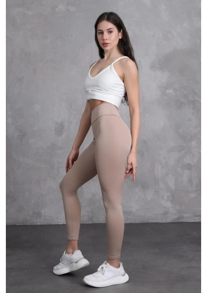 Cramp Sport  Bej Kadın Yüksek Bel Toparlayıcılı Slim Fit Dar Paça Tayt