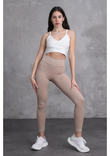 Bej Kadın Yüksek Bel Toparlayıcılı Slim Fit Dar Paça Tayt modelleri