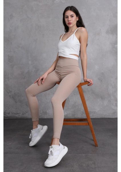 Bej Kadın Yüksek Bel Toparlayıcılı Slim Fit Dar Paça Tayt fırsatları