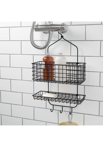 2 Katlı Banyo Duş Sepeti Meridyen Dukkan Siyah Renk 31 x 56 Cm Metal Duş Rafı