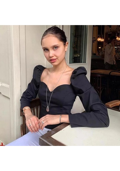 Siyah Kalp Yaka Balon Kol Uzun Kollu Bluz