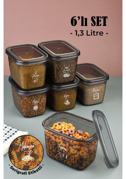 Beyaz Serigrafi Etiketli Peggy Dikdörtgen Saklama Kabı 1,3 lt Antrasit 6'lı