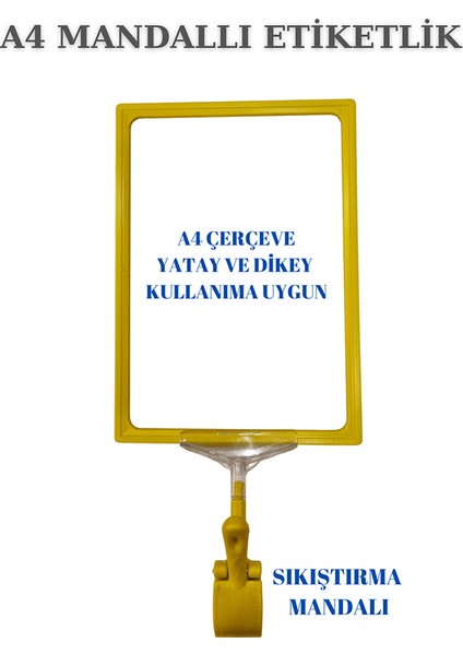 2 Adet Sarı A4 Mandallı Raf Sepet Etiketi Çerçeveli Etiketlik Eşek-Askılık Etiketlik