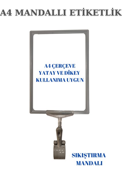 2 Adet Gri A4 Mandallı Raf Sepet Etiketi Çerçeveli Etiketlik Eşek-Askılık Etiketlik