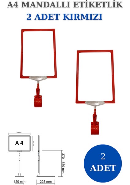 Manken İstanbul 2 Adet Kırmızı A4 Mandallı Raf Sepet Etiketi Çerçeveli Etiketlik Eşek-Askılık Etiketlik