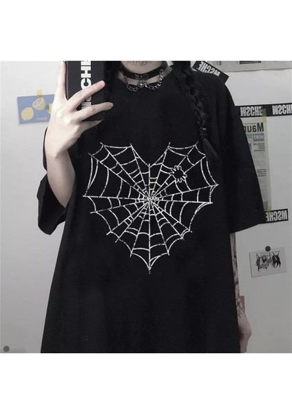 Siyah Spider Web Heart (Unisex) T-Shirt