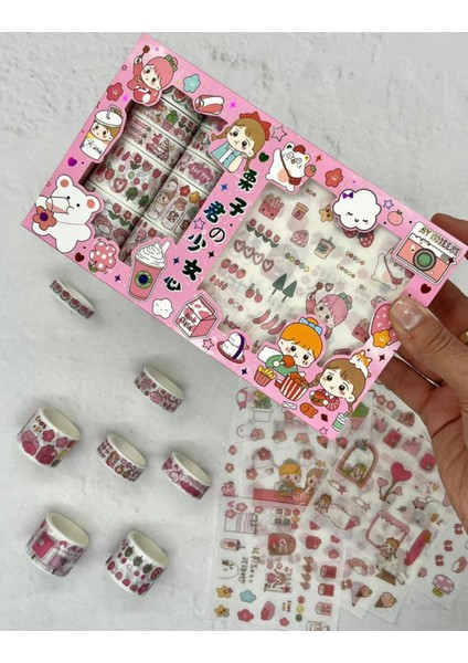 Sevimli Kız Pembe Kutu Şeffaf 10 Yaprak Sticker ve  10'lu Washi Bant Set / Washi Tape / Bullet Journal