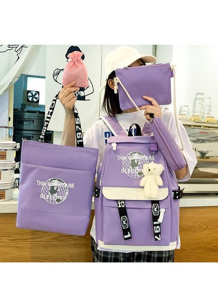 Yeni Unisex Kız Japon Basit Okul Çantası Kolej Tarzı Beş Parçalı Set Büyük Kapasiteli Okul Sırt Çantası Kore Versiyonu (Yurt Dışından)