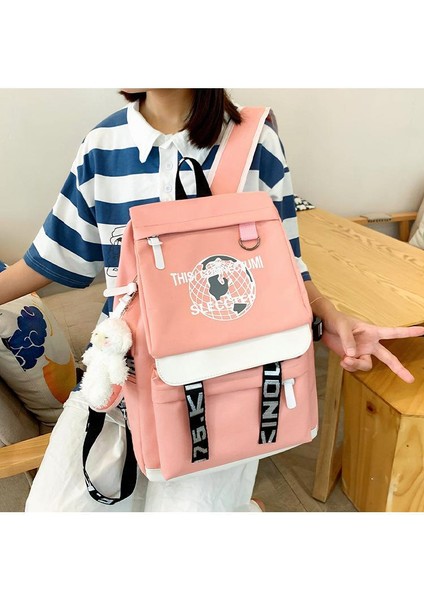 Yeni Unisex Kız Japon Basit Okul Çantası Kolej Tarzı Beş Parçalı Set Büyük Kapasiteli Okul Sırt Çantası Kore Versiyonu (Yurt Dışından)
