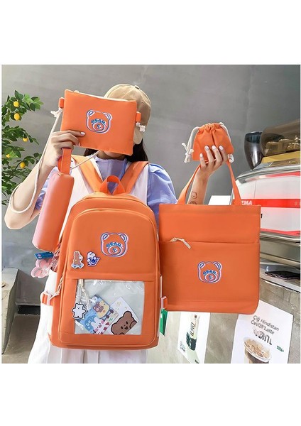 Yeni Unisex Beş Parçalı Pratik Sırt Çantası Harajuku Öğrenci Düz Renk Okul Çantasının Kore Versiyonu Büyük Kapasiteli Moda Okul Sırt Çantası (Yurt Dışından)
