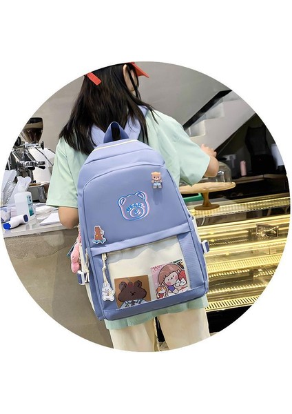 Yeni Unisex Beş Parçalı Pratik Sırt Çantası Harajuku Öğrenci Düz Renk Okul Çantasının Kore Versiyonu Büyük Kapasiteli Moda Okul Sırt Çantası (Yurt Dışından)