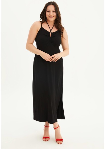 Boyundan Bağlamalı Gipeli Penye Elbise