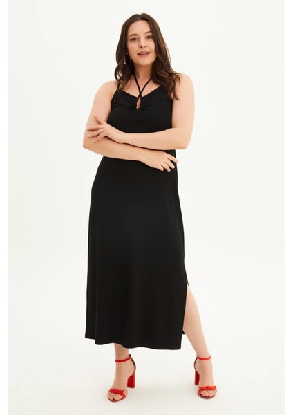 Boyundan Bağlamalı Gipeli Penye Elbise