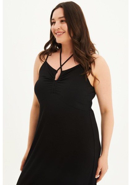 Boyundan Bağlamalı Gipeli Penye Elbise