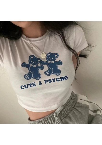 Cute & Psycho Bears Baskılı Beyaz Crop