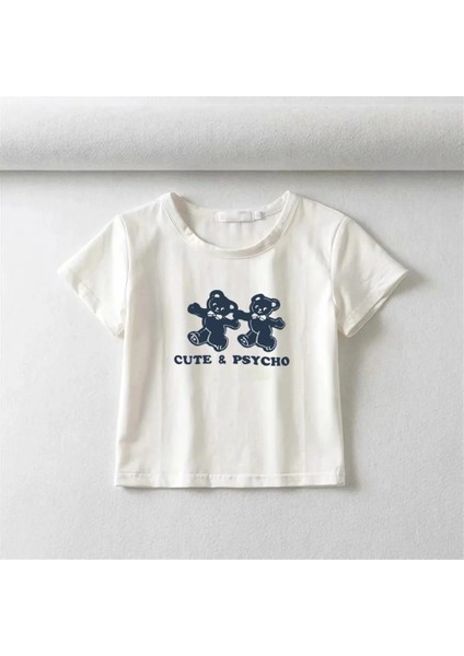 Cute & Psycho Bears Baskılı Beyaz Crop modelleri