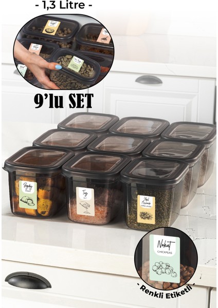 Renkli Etiketli 9lu Set Peggy Dikdörtgen Saklama Kabı 1,3 Litre Antrasit