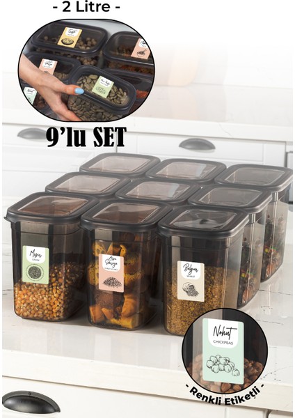 Renkli Etiketli 9lu Set Peggy Dikdörtgen Saklama Kabı 2 Litre Antrasit