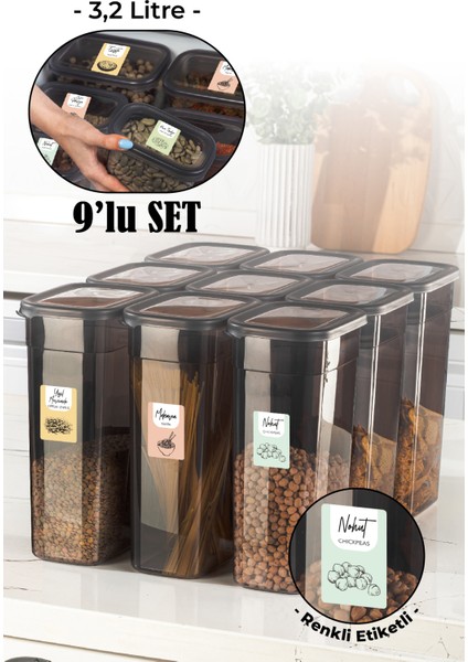 Renkli Etiketli 9lu Set Peggy Dikdörtgen Saklama Kabı 3,2 Litre Antrasit