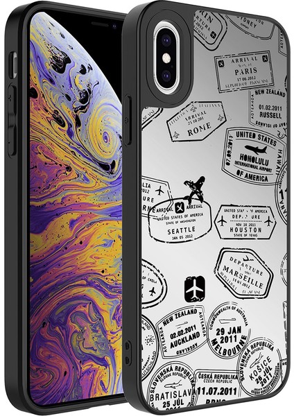 Apple iPhone XS Kılıf Aynalı Desenli Kamera Korumalı Parlak Mirror Kapak Seyahat Siyah