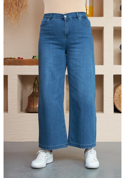 Beli Lastikli Bol Paça Büyük Beden Kim.mavi Kot Pantolon