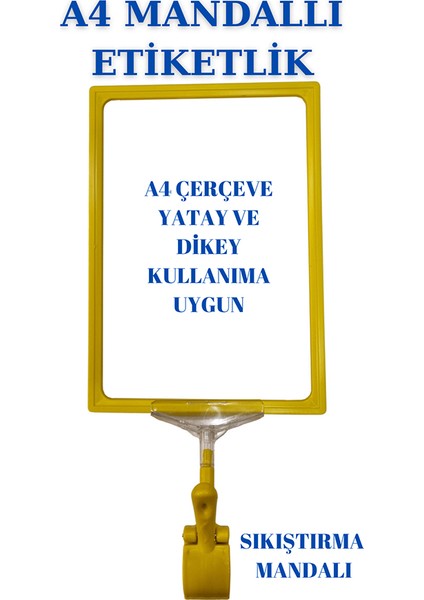 4 Adet Sarı Lacivert A4 Mandallı Raf Etiketi Sepet Etiketi Çerçeveli Etiketlik Eşek-Askılık Etiketi
