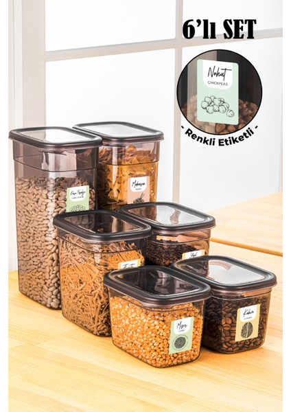 Renkli Etiketli 6lı Set Peggy Dikdörtgen Saklama Kabı 2x(1,3-2-3,2 Litre) Antrasit