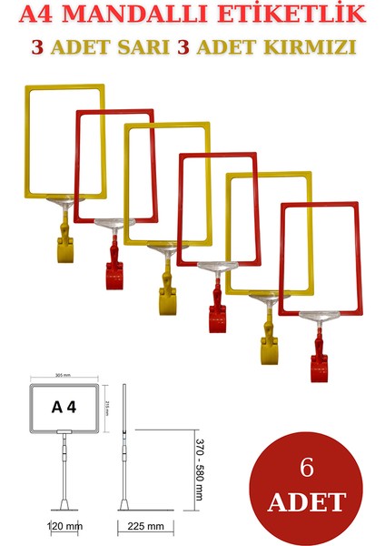 6 Adet Sarı Kırmızı A4 Mandallı Raf Etiketi Sepet Etiketi Çerçeveli Etiketlik Eşek-Askılık Etiketi