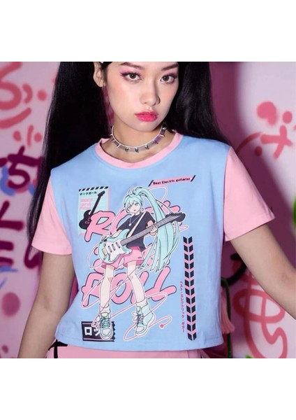 Pembe Kollu Mavi Yarım T-Shirt