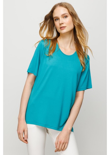 Desen Sıfır Yaka Yeşil Kadın T-Shirt 23123786 fırsatları