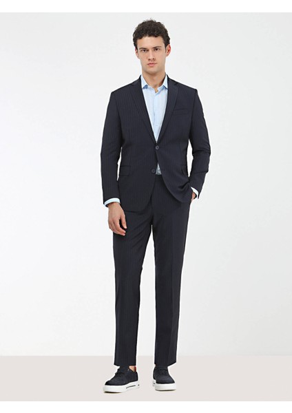 Modern Fıt Çizgili Lacivert Erkek Takım Elbise TKM-2752